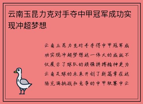 云南玉昆力克对手夺中甲冠军成功实现冲超梦想 云南玉昆力克对手夺中甲冠军成功实现冲超梦想